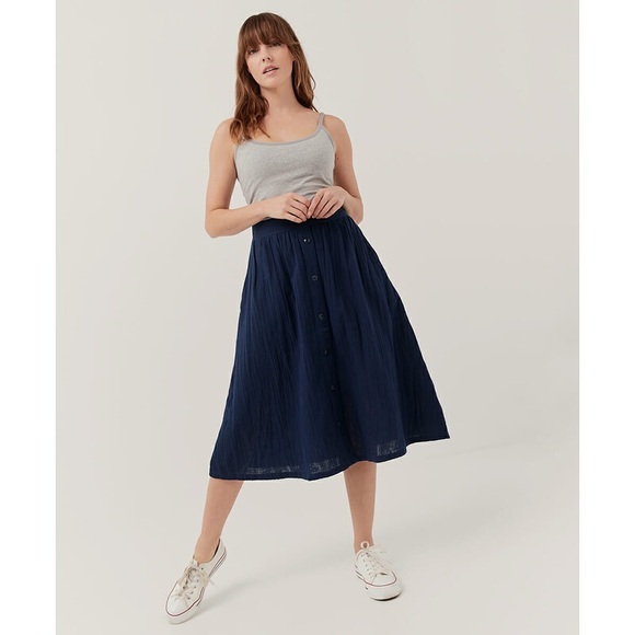 Pact Maritime Navy The‎ Coastal Button Front Skirt Gauze Cotton Blue XS - Picture 1 of 5